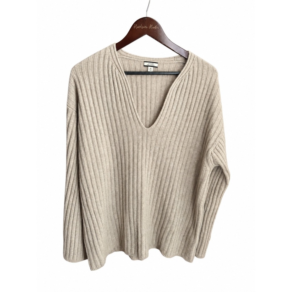 J.Crew V-Neck Sweater Womens XL Beige EUC 100% Cashmere Ribbed Relaxed Fit